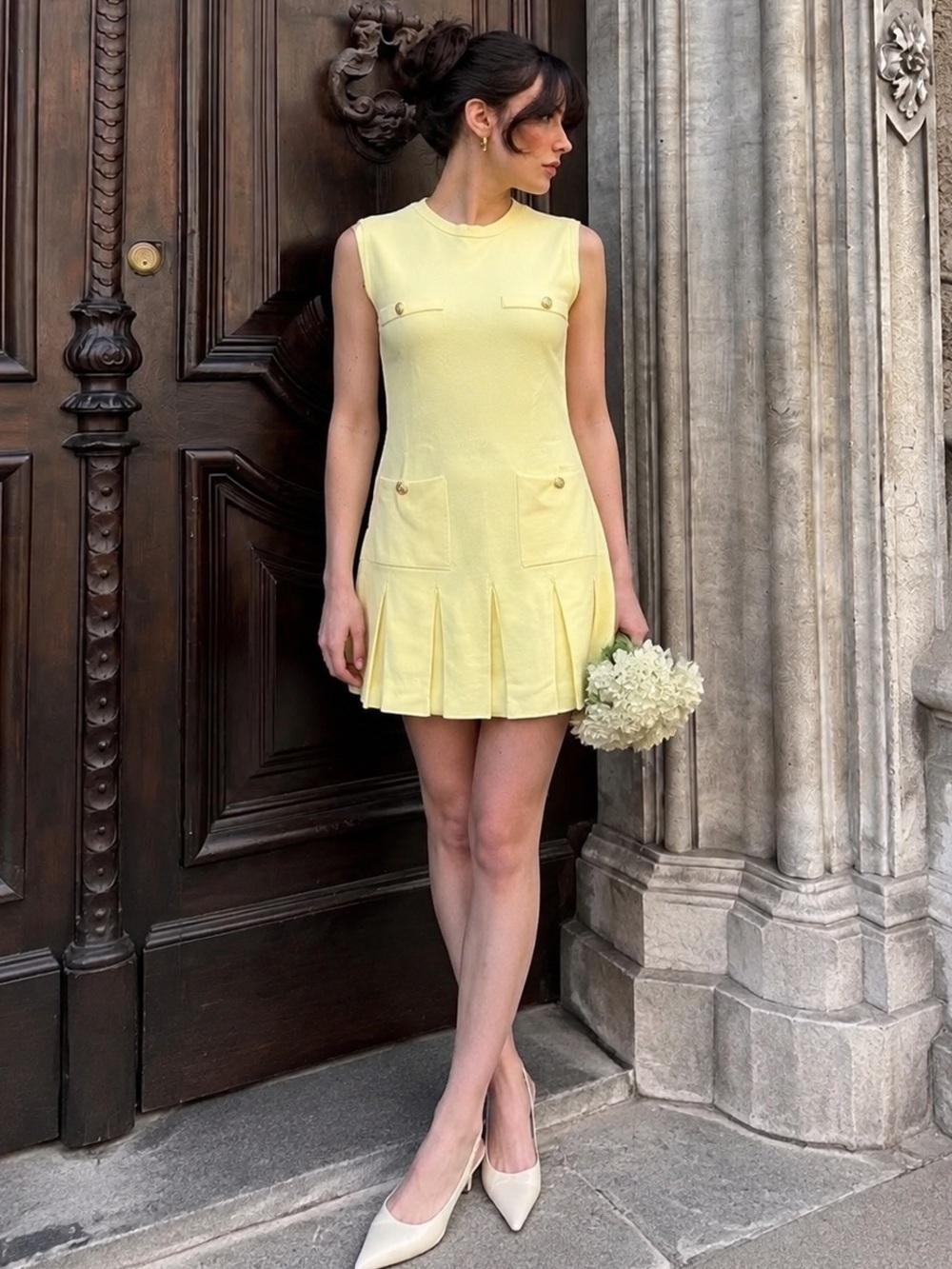 Zara Pastel Yellow Drop Waist Pleated Mini Dress M
